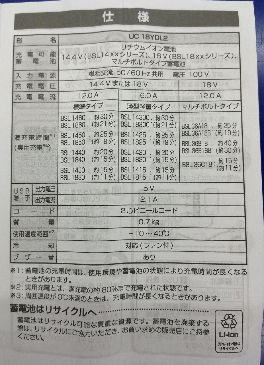製品仕様(充電器)