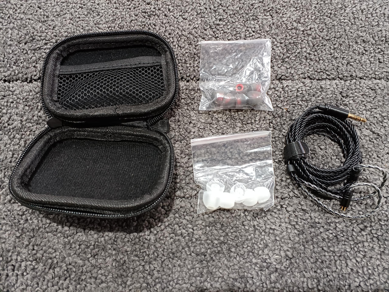 ケース内にイヤーピースとケーブル