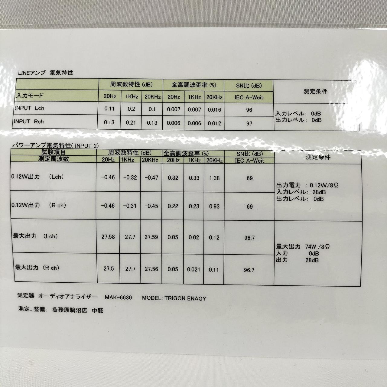 最大出力74/8Ω　電気特性は良好です。