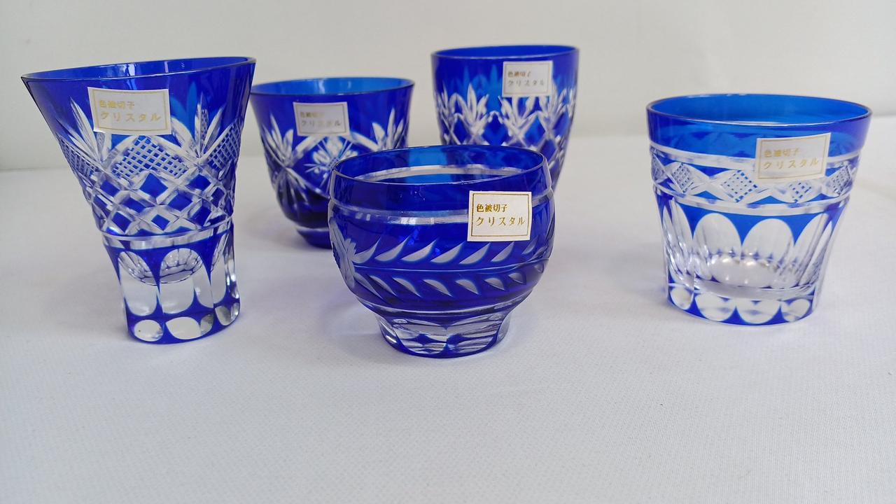 石塚硝子|色被せ切子クリスタル盃5点セット|HARDOFFオフモール