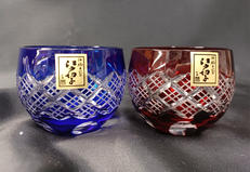 重ね矢来 丸ぐい呑ペア|木本硝子