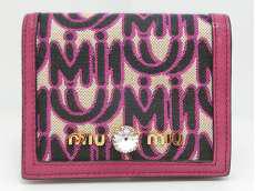 二つ折り財布 ピンク系 キャンバスxレザーxラインストーン|MIUMIU